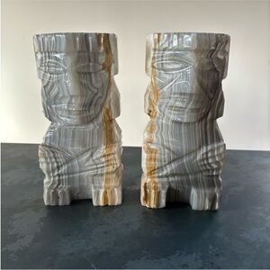 Vintage Carved Stone Onyx Marble Aztec Mayan Tiki Statue bookends